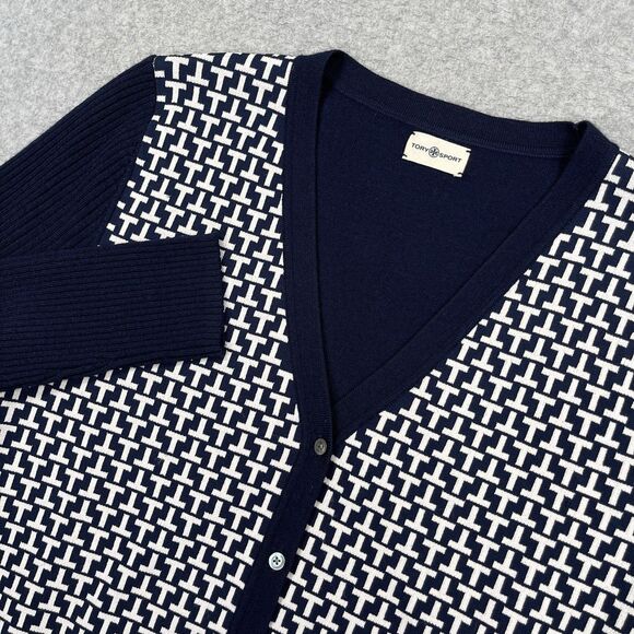 Tory Sport Sweater Womens Medium Blue White T Monogram Merino Wool Knit Timeless - Picture 1 of 11
